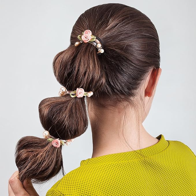 3PCS Rose Bead Spiral Hair Ties, 2 Styles Phone Cord Ponytail Holders for Women, Elegant Rubber Hair Coils, Stylish Hair Accessories for Party, Daily Use