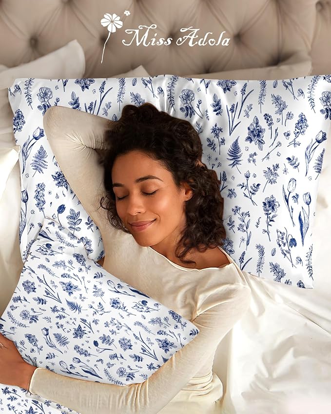 2 Pack Mulberry Silk Pillowcase for Hair and Skin - King Size 20 x 36 Inches with Hidden Zipper Blue Line Flower 19 Momme Soft Sleeping Silk Pillow Case for Women, Moms