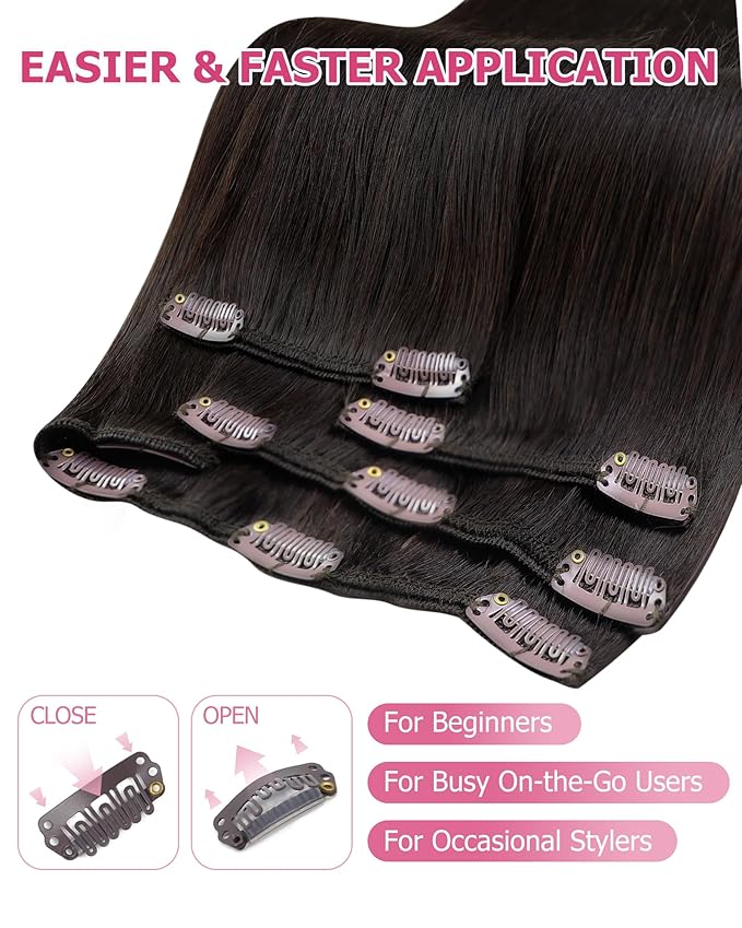 YoungSee Brown Clip in Hair Extensions Dark Brown Human Hair Extensions Clip ins Invisible Clip in Extensions Real Human Hair Easy to Install 7Pcs 14In 120G