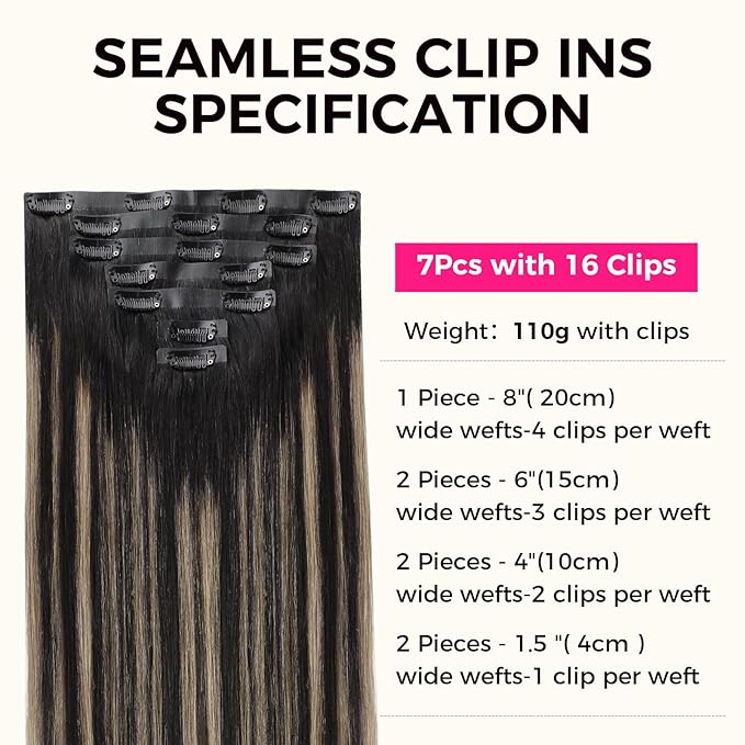 Lashey Seamless Clip in Hair Extensions Human Hair, 110g 7pcs Straight Balayage Natural Black to Light Blonde Highlighted Clip in Hair Extensions for Black Women 18 Inch