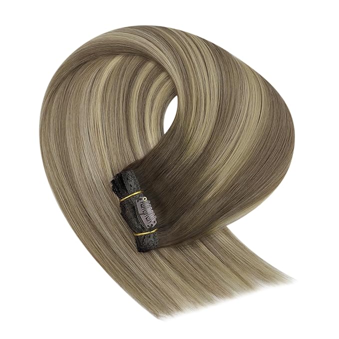 YoungSee 135G Clip in Hair Extensions Real Human Hair Ombre Brown Clip in Human Hair Extensions Walnut Brown Ombre Light Brown with Blonde Balayage Clip ins Hair Extension 18inch 7pcs