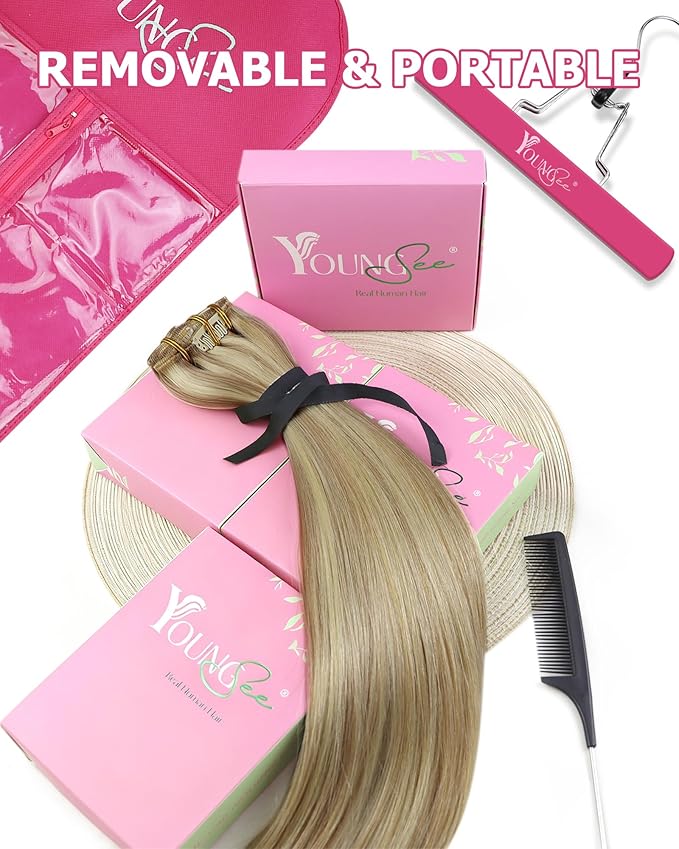 YoungSee Highlight Clip in Hair Extensions Human Hair Golden Blonde Clip in Extensions Real Human Hair Light Blonde Highlights Real Human Hair Extensions Clip ins for Women 16Inch 7Pcs 120G
