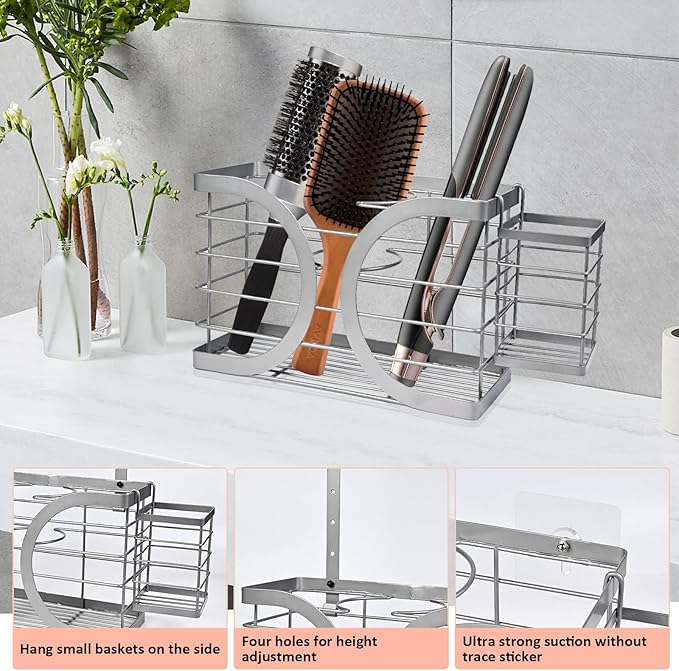 Elegant Light Gray Wall Mounted Hair Dryer Holder - Stylish Bathroom Organiser for Hair Dryer & Straightener, Hair Brush & Accessories