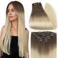 Full Shine Ombre Clip in Blonde Human Hair Extensions 16 Inch Straight Hair Clip in Extensions Dark Brown to Bleach Blonde 120 Grams 16 Inch