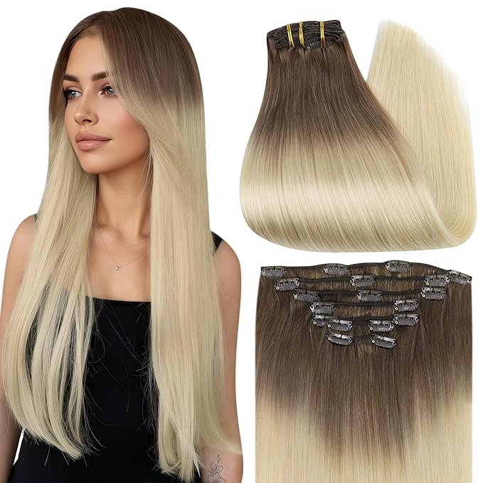 Full Shine Ombre Clip in Blonde Human Hair Extensions 16 Inch Straight Hair Clip in Extensions Dark Brown to Bleach Blonde 120 Grams 16 Inch