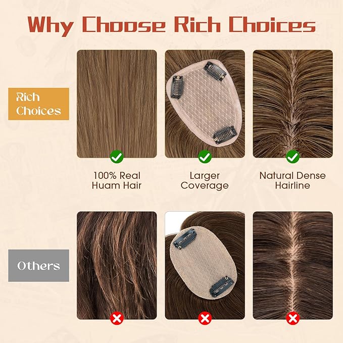 Rich Choices Human Hair Toppers for Women-100% Real Remy Hair Topper with 3D 360°Bang-Upgraded 150% Density 9 * 12CM Lace Base-Clip in Hairs topper for Thinning Hairs-10Inch #4 Medium Brown