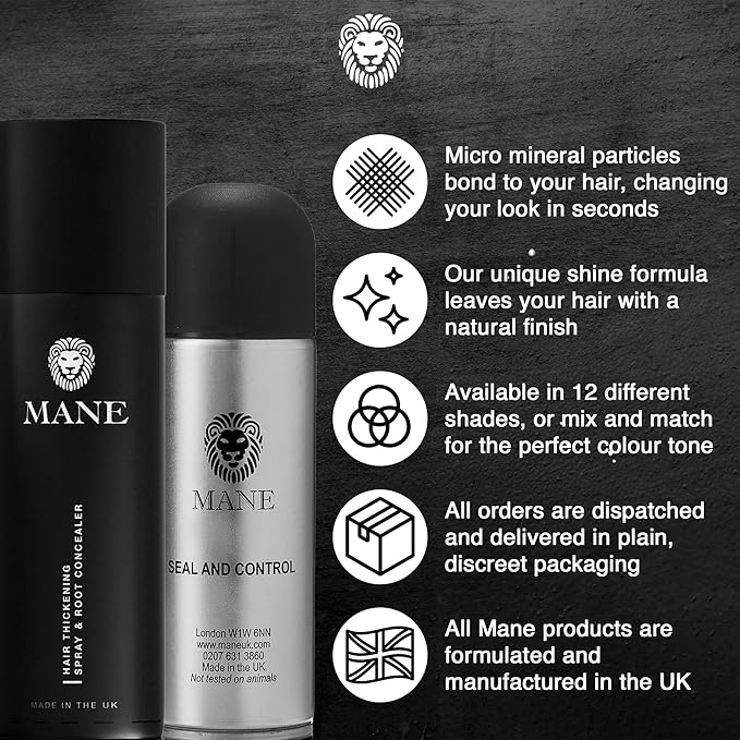 MANE Hair Thickening Spray & Root Touch Up, Seal & Control Combo Pack, Instantly Thicker Hair for Men & Women, Fill in Hairlines and Hide Thinning and Fine Patches - Medium Brown, 12 Colors (6.76 oz)