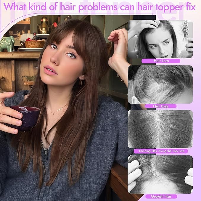 Hair Topper for Women Clip in Bangs – 18 Inch Medium Length Straight 360° Full Coverage Balayage Wine Red,Synthetic Natural Looking Piece for Thinning Hair