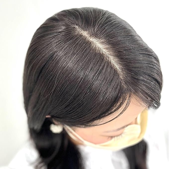 Real Human Hair Topper Pieces Double-Monofilament Top Hand-Tied Mid Length for WomenThinning Hair BHADS914 (BL Natural Black × Hair Length:9.8"(25cm), Base Size:3.5"×5.5"(9cm×14cm))