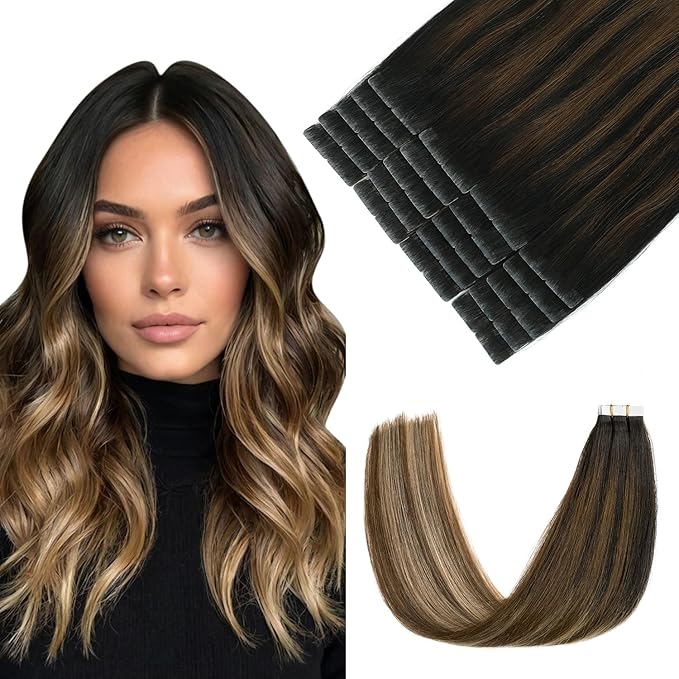 Pinkpearl Invisible Tape in Hair Extensions Human Hair, 20pcs 22inch 60g #1B/4/27 Balayage Natural Black to Chocolate Brown and Caramel Blonde Injection Tape in Extensions Remy Human Hair Injected