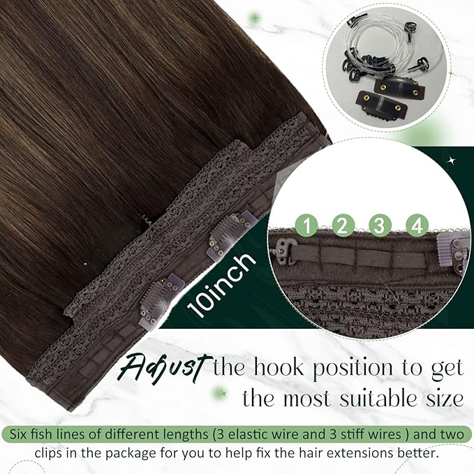 RUNATURE Wire Hair Extensions Real Human Hair 20 Inch 100g Thick Human Hair Extensions Balayage, Transparent Fish Line Extensions, Straight Smooth Natural Hair, Add Hair Volume #2/2/6