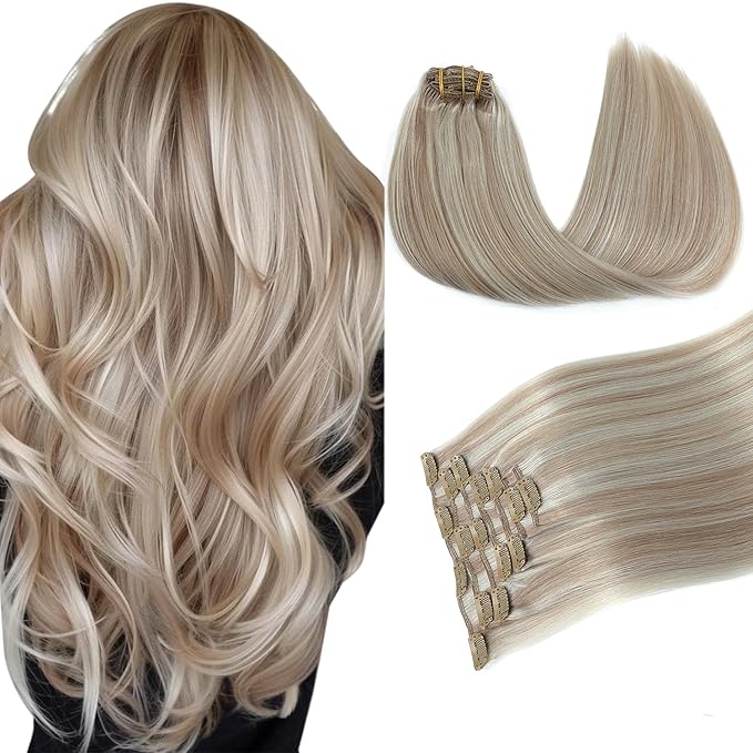 PINKPEARL Clip in Hair Extensions #18P1000 Ash Blonde Highlighted Gray Blonde 7pcs 14 Inch 120g Real Remy Hair Extensions Clip in Human Hair(#18P1000-14)
