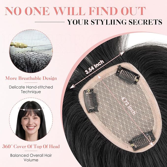 Hairro Human Hair Toppers with Wispy Bangs, 3.5x4.7" Hand-wovened Base for Women with Thinning Hair, Lightweight & Breathable Realistic Scalp, Clip-in Hairpieces for Easy Wear, 16 Inch Jet Black