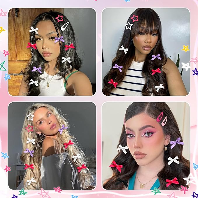 36Pcs Hot Pink Mini Hair Bows Purple Star Snap Hair Barrettes for Women White Water Drop No Slip Hair Clips Small Bow Hair Clips Star Bowknot Hair Accessories for Teens Girls