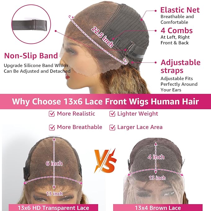 30 Inch Honey Blonde Deep Wave Lace Front Wigs Human Hair 200 Density 13x6 HD Lace Front Wigs Ombre Human Hair Wig Glueless P4/27 Highlight Wig for Women Pre Plucked with Natural Hairline