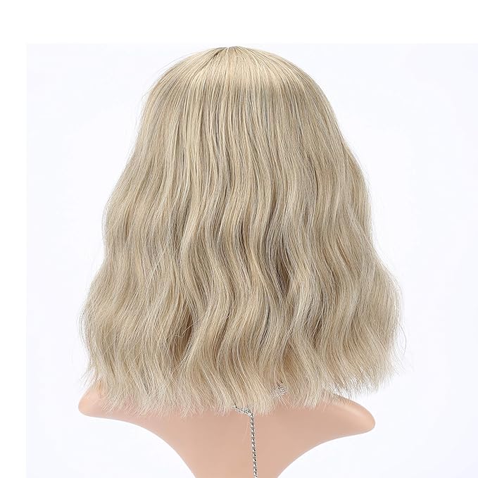 FAELBATY Blond Wig Short Bob Wigs With Air Bangs Shoulder Length Women's Wig Curly Wavy Synthetic Cosplay Wig for Girl Costume Wigs Mix Khaki Blonde Gold Color