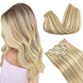 GOO GOO Clip in Hair Extensions Real Human Hair, Remy Human Hair Extensions Clip ins for Women, Natural Human Hair, 18inch 130g 7Pcs, 18A/613A Dark Blonde Highlighted Bleach Blonde