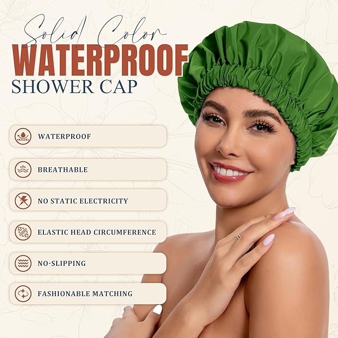 Reusable Shower Cap for Women, Stylish Large Waterproof Shower Bonnet Washable Wide Elastic Band Hair Cap for Long Hair, Braids Bath Hat(Sage)