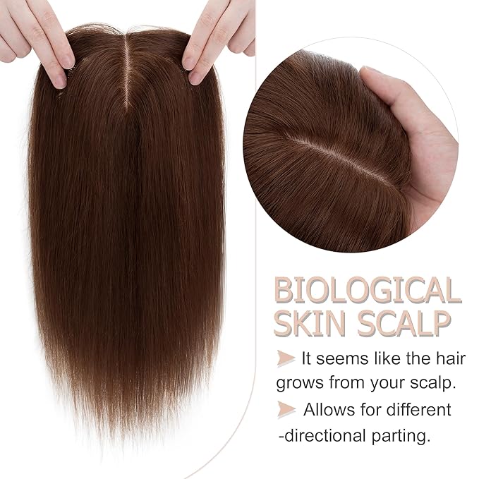 Hair Toppers for Women Real Human Hair No Bangs, 13 * 15 cm Larger Silk Base 150% Density Clip In Topper Hairpieces, Wiglet Top Pieces Add Volume -12 Inch 04 Medium Brown