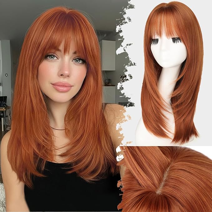 Wig with Bangs for Women Ginger Straight Face-Framing Layers Hairstyle 4x4 Realistic Scalp Glueless Synthetic Wigs Medium Length for Everyday Use