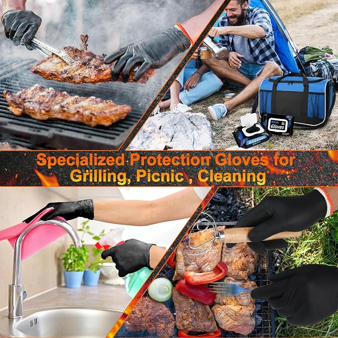 50 Disposable Black Nitrile Gloves, Heat Resistant Gloves for Cooking/BBQ/Cleaning, Powder Latex Frees Meat Food Prep Grilling Smoking Guantes - Large