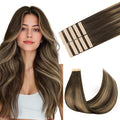 GOO GOO Tape in Hair Extensions Human Hair, 4/27/4 Balayage Chocolate Brown to Caramel Blonde, 18inch 25g 10pcs, Skin Weft Seamless Invisible, Silky Straight with Thick Ends, Remy Human Hair