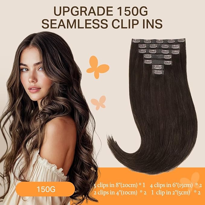DOORES Seamless Clip in Hair Extensions, Light Dark Brown 130g 7pcs 16 Inch, Thick Invisible Edge Clip in Hair Extensions Straight Natural Weft for Women