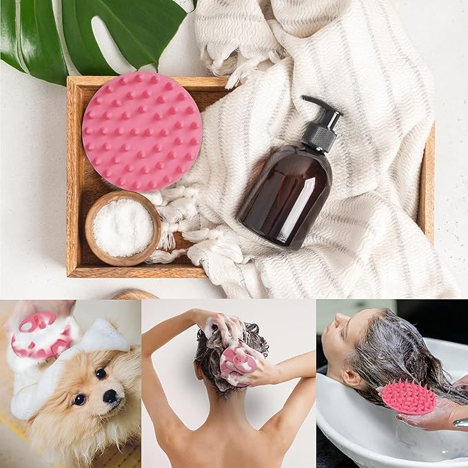 Scalp Massager Shampoo Brush, Wet & Dry Manual Scalp Care Head Scrubber Hair Washing, Soft Silicone Bristles, for Hair Growth, Dandruff Removal, Comfortable for All Hair Types (Dark Green+Pink)
