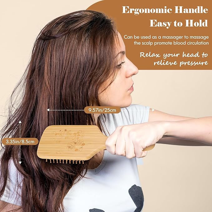 Bamboo Wooden Paddle Hair Brush-Bamboo Wood Bristles Detangling Hairbrush for Women Men Massaging Scalp Hair Growth