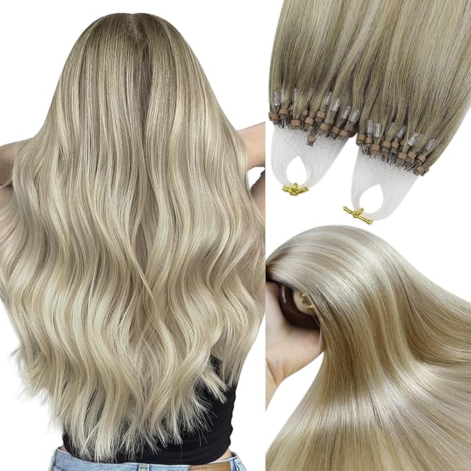 YoungSee Micro Link Hair Extensions Human Hair Ombre Blonde Micro Bead Hair Extensions Blonde to Platinum Blond Beaded Hair Extension Real Human Hair Balayage Remy Hair for School 14In 50s/50g