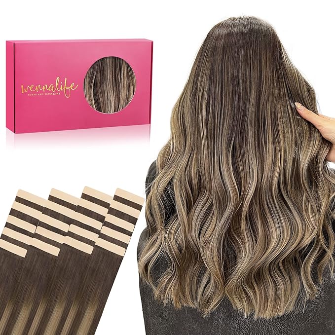 WENNALIFE Tape in Hair Extensions Human Hair, 20pcs 20 inch 50g Balayage Chocolate Brown to Honey Blonde Remy Tape Hair Extensions Real Human Hair Tape Extensions Coloured Hair Extensions