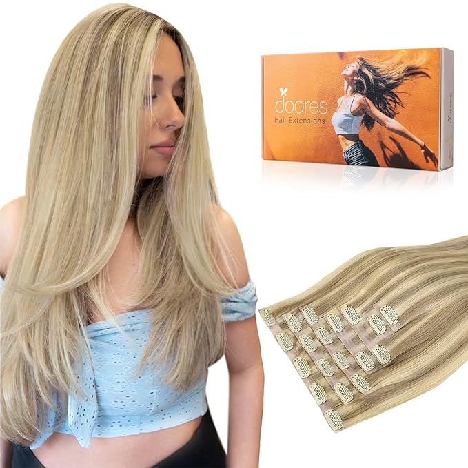 DOORES Hair Extensions Real Human Hair, Light Blonde Highlighted Golden Blonde 12 Inch 80g 7pcs, Remy Extensions Seamless Clip in Straight Invisi Edge Thick Weft