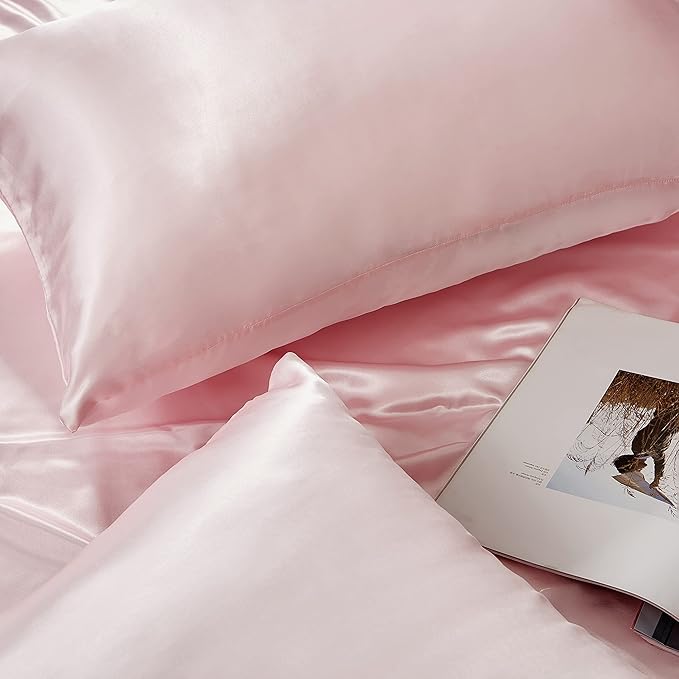 Pink Satin Pillowcase Queen Size Set of 2 for Hair and Skin,Pink Silk Pillowcase Breathable Pillowcase with Envelope Closure
