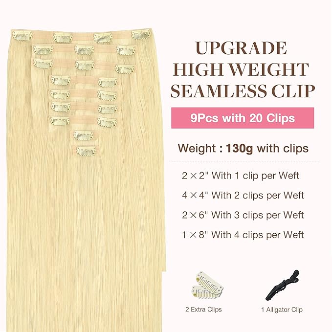 GOO GOO Clip in Hair Extensions Real Human Hair, Remy Human Hair Extensions Clip ins for Women, Natural Human Hair, 14inch 130g 9Pcs, 22F Light Golden Blonde