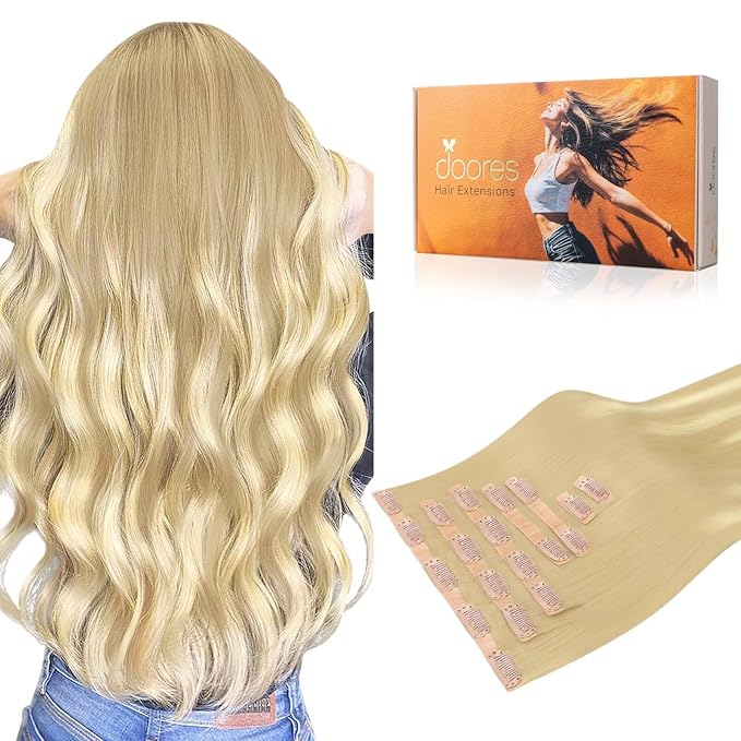 DOORES Clip in Hair Extensions Human Hair, Dirty Blonde Mixed Platinum Blonde 14 Inch 130g 9pcs, Invisi Edge Hair Extensions Seamless Clip in Hair Extensions Real Straight Natural Hair