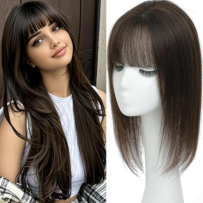 Hair Toppers for Women Real Human Hair, 360°3D Topper for Women with Thinning Crown Wispy Clip in Bangs Breathable Hand Tied Craft Big Coverage Hairpieces(Mocha（Big Coverage）, 14 Inch-3D-Wispy)