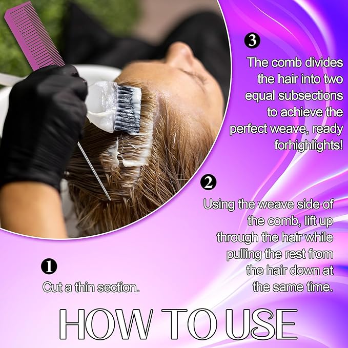 3Pcs Highlighting Comb Professional Hair Dye Combs 3 Sizes Highlight Comb Weaving Combs with Long Stainless Steel Rat Tail for Home and Salon(Purple, Magenta, Purple)