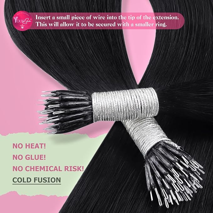 YoungSee Nano Ring Hair Extensions Real Human Hair Black 20 inch Nano Beads Hair Extensions Black Nano-link Hair Extension Human Hair Long Straight 1g/s 50g for Instant Length