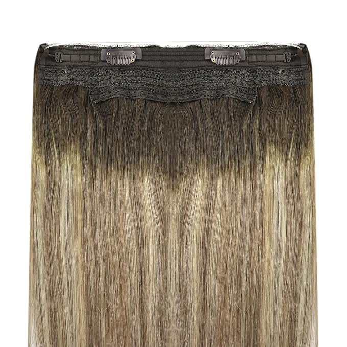 YoungSee Wire Hair Extensions for Women Balayage Invisible Wire Hair Extensions Real Human Hair Walnut Brown Ombre Light Brown with Blonde Short Straight Headband Hair Extension Remy Hair 12inch 70g