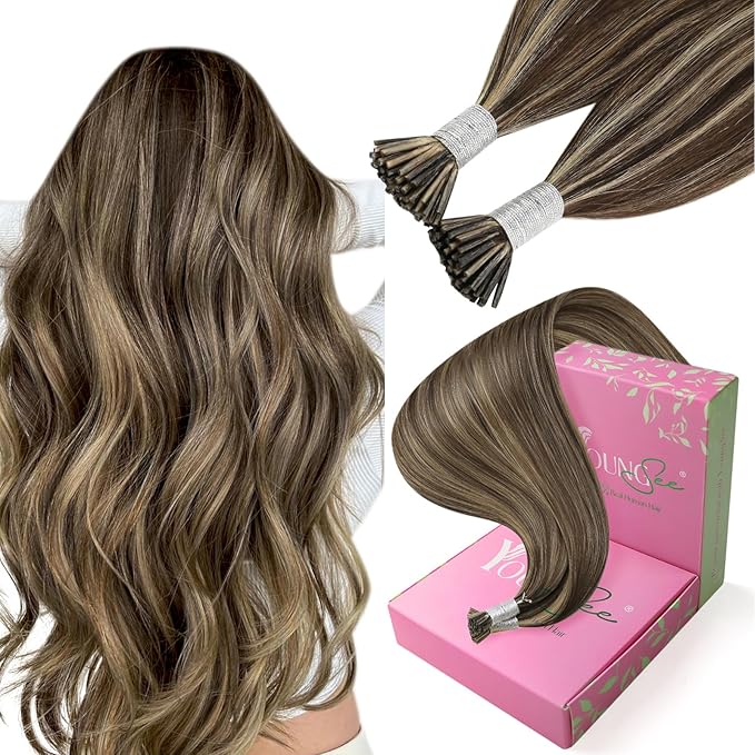 YoungSee I Tip Hair Extensions Human Hair Brown Highlight Itips Hair Extensions Human Hair Dark Brown with Blonde Highlight Tip Hair Extension Soft 20 Inch 50s 50g