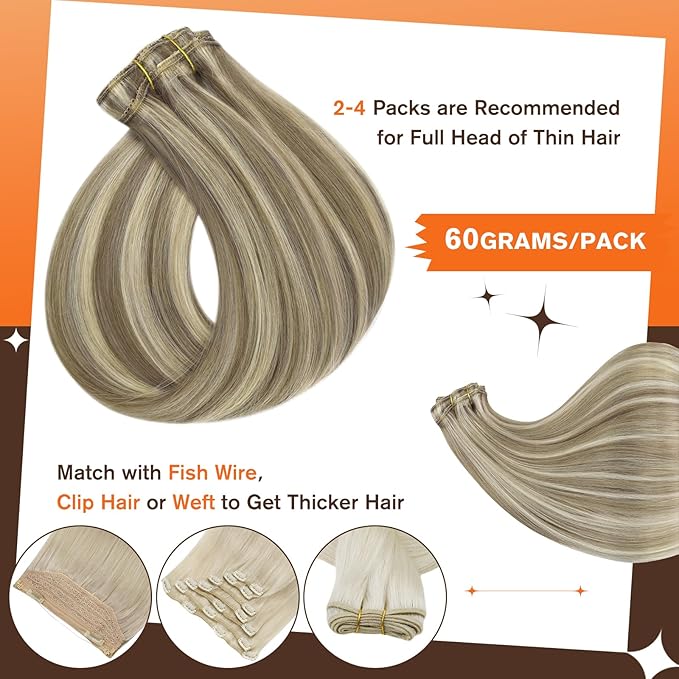 Full Shine Human Hair Clip in Extensions for Woman Balayage Ash Brown Hair Extensions Clip ins Light Blonde Highlight Invisible Lace 12 Inch for Short Hair Ease of Use 3 PCS 60 G
