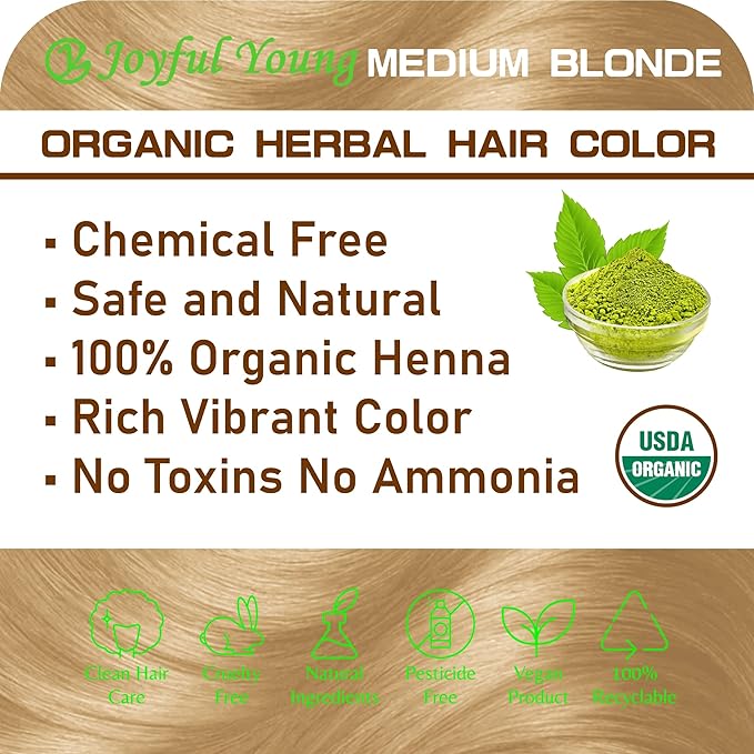 100% Organic Henna Hair Color – Natural, Chemical-Free Hair Dye for Rich, Vibrant Color & Gloss – Grey Coverage, Safe for All Hair Types, Vegan Non-Toxic, Herbal Hair Treatment (MEDIUM BLONDE)