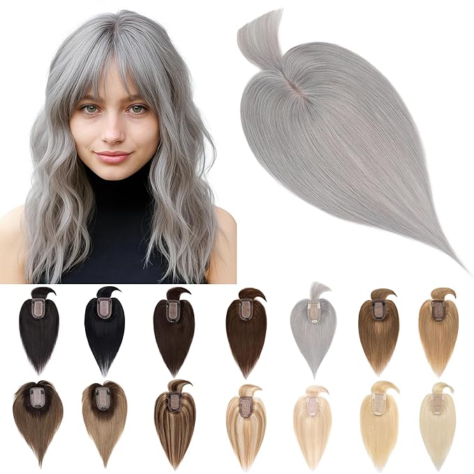 SEGO Grey Hair Toppers for Women Real Human Hair With Bangs, 7 * 13 CM Silk Base Clip In Topper Wiglet, Top Pieces Add Volume -6 Inch G1 Silver Grey