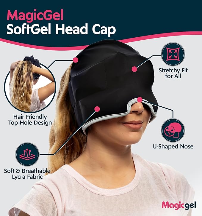 Magic Gel Migraine Ice Head Wrap | Real Migraine & Headache Relief | The Original Headache Cap | Cold, Comfortable, Dark & Cool; Endorsed by Physicians, Loved by Thousands - (Black)
