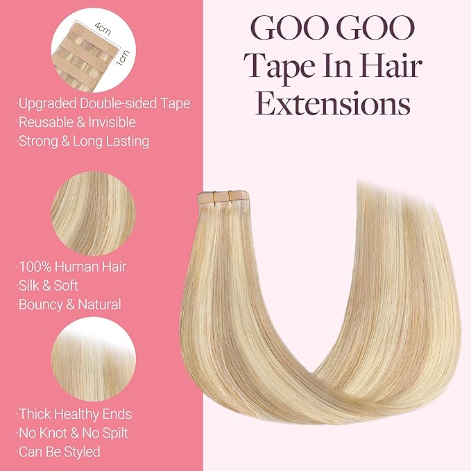GOO GOO Tape in Hair Extensions Human Hair, 18F/60A Balayage Light Wheat Platinum Blonde, 16inch 50g 20pcs, Skin Weft Seamless Invisible, Silky Straight with Thick Ends, Remy Human Hair