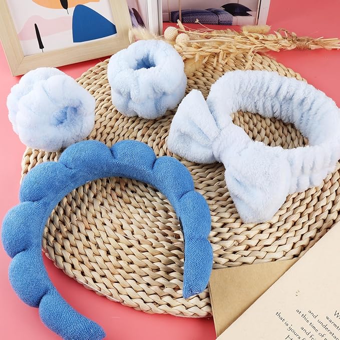 Zkptops 6Pcs Spa Headband for Washing Face Wristbands Set Women Bubble Skincare Makeup Sponge Terry Cloth Padded Puffy Headband Bow Tie Hairband Cute Non Slip Thick Hair Accessory Gifts(Dark Blue)