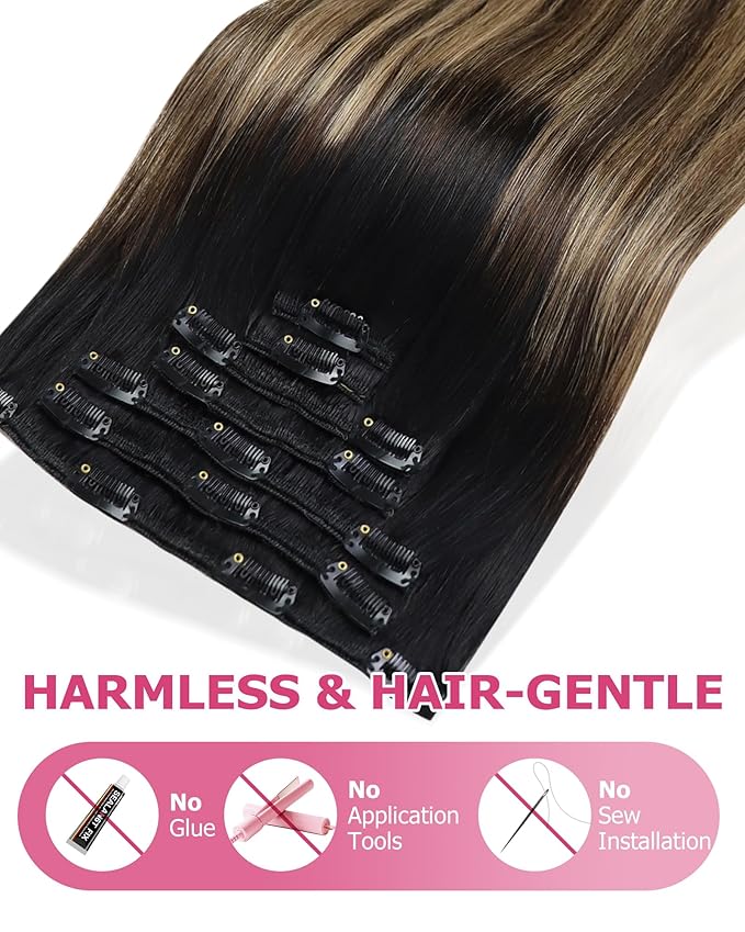 YoungSee 18 Inch Clip in Hair Extensions Black Ombre 120G Clip in Human Hair Extensions Balayage Natural Black Ombre Dark Brown Mix Caramel Brown Clip ins Extensions Ease of Use 18In 7Pcs