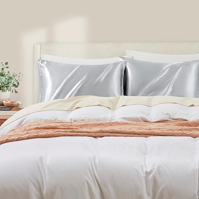 Light Grey Satin Pillowcases Queen Size Set of 2 for Hair and Skin,Light Grey Silk Pillowcase Breathable Pillowcase with Envelope Closure