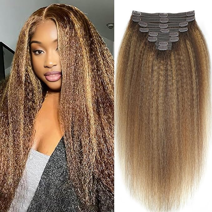 Kinky Straight Clip in Hair Extensions Real Human Highlight Clip ins For Women Unprocessed Clip on Hair Extensions(12inch,#4/27/4)