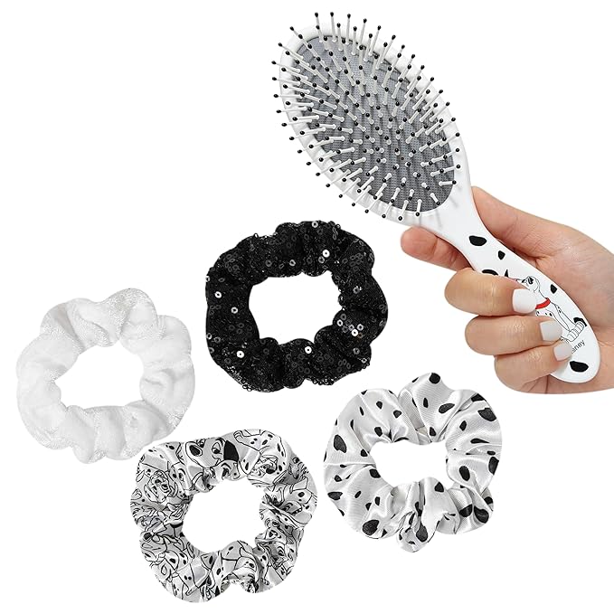 LUV HER Disney Hair Accessory Set – 5 Pieces: 1 Detangling 9-inch Hairbrush & 4 Scrunchies, Elastic Hair Ties, Ages 3+